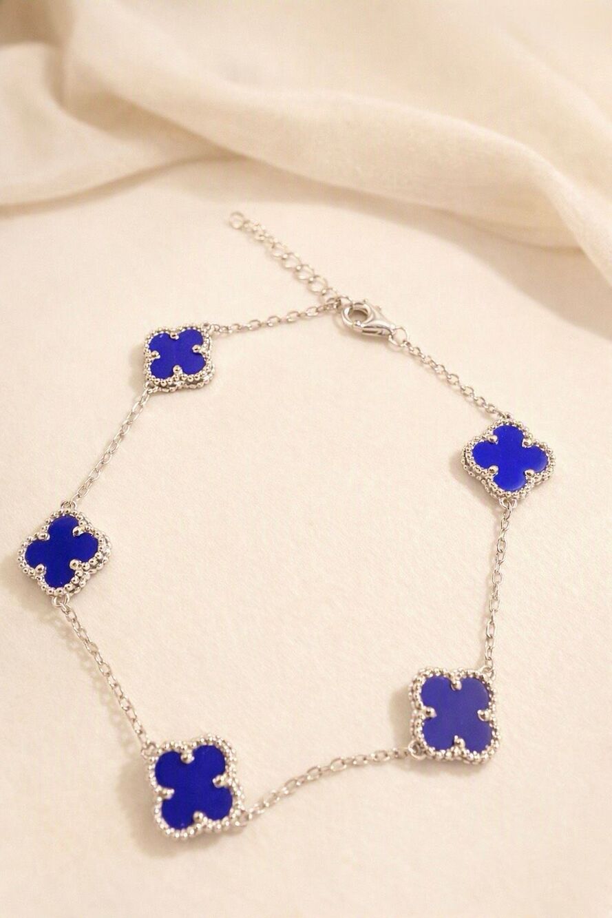 Sterling Silver Royal Blue Stone Clover Bracelet Dainty Adjustable Chain Lucky